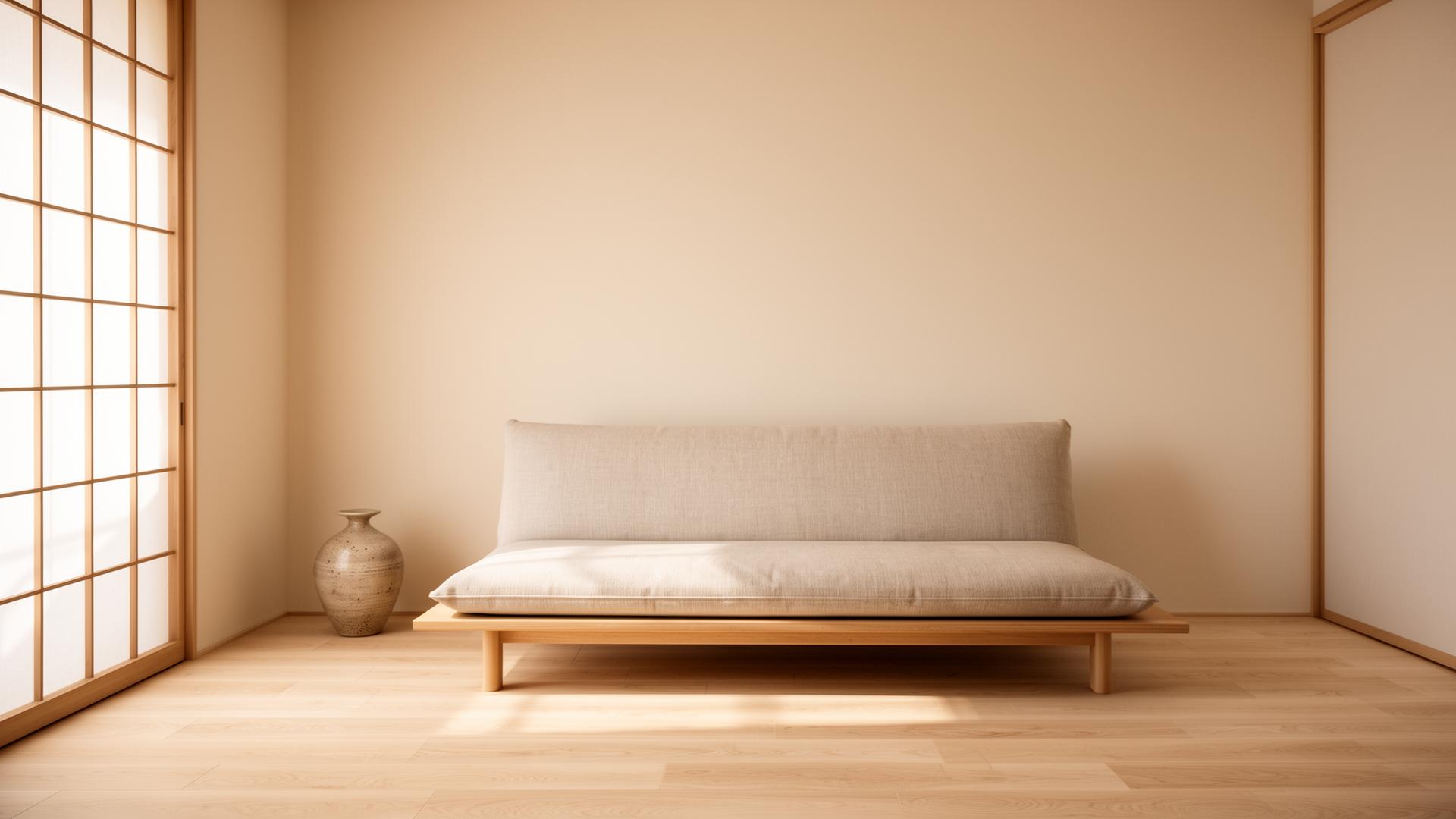Serene Japandi-inspired interior with a single linen sofa